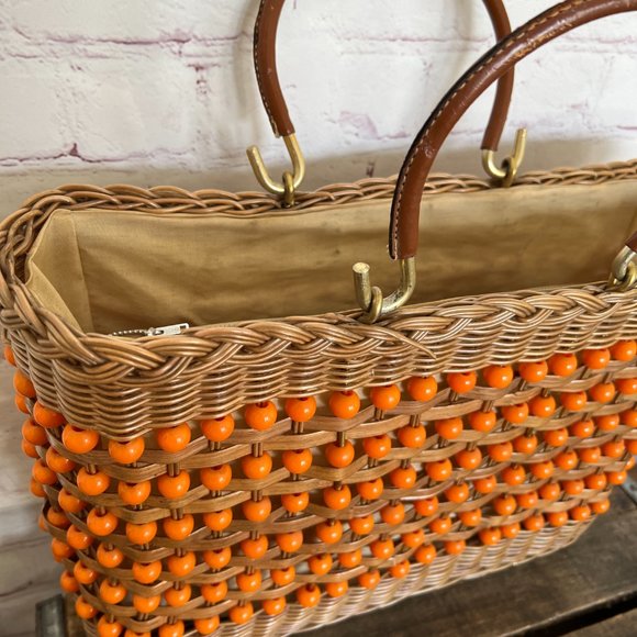 60's Straw & Beaded Tote Bag/Purse - Leather Handle - Boho - Mod - Coated Straw - Picture 6 of 9